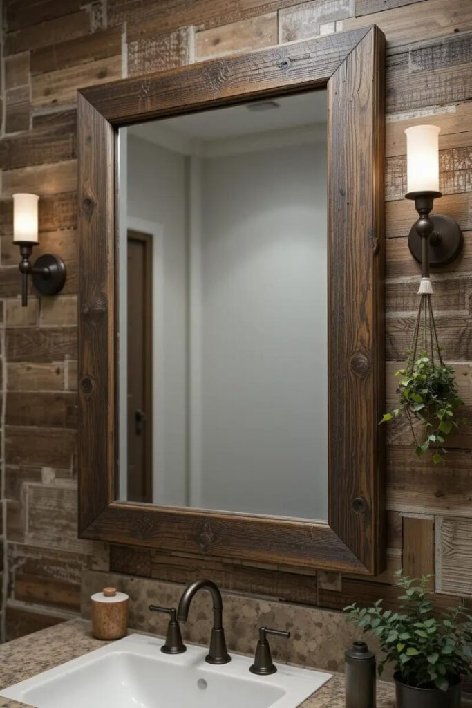 Rustic bathroom wall featuring a large rectangular mirror with a weathered reclaimed wood frame.