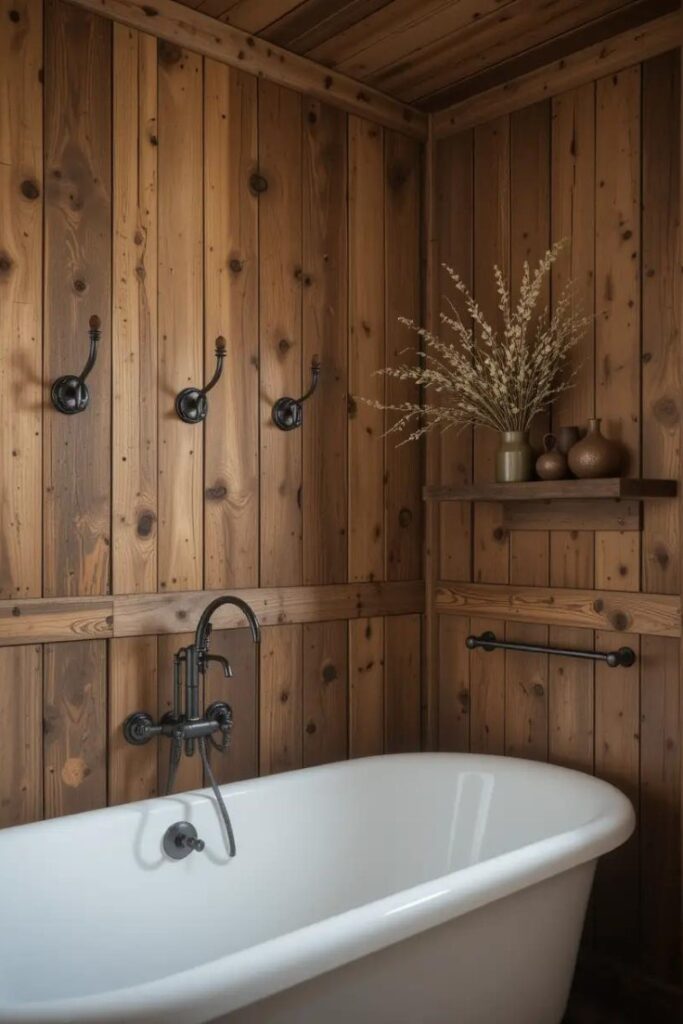 Rustic bathroom with floor-to-ceiling reclaimed wood paneling on all walls. 