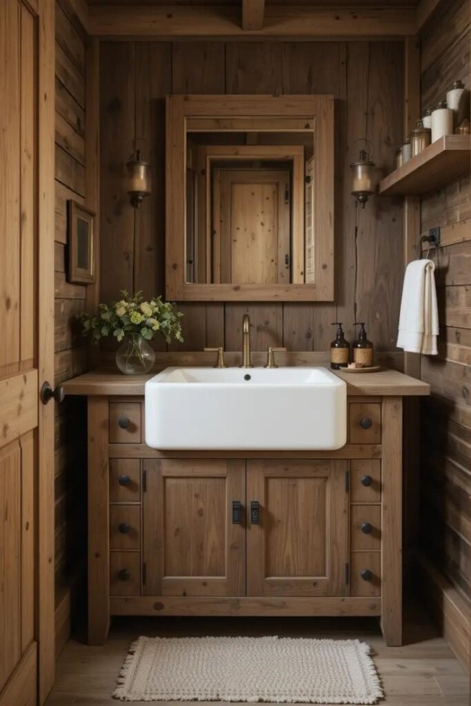 Rustic bathroom with a white apron-front farmhouse sink set into a wood vanity with visible grain. 