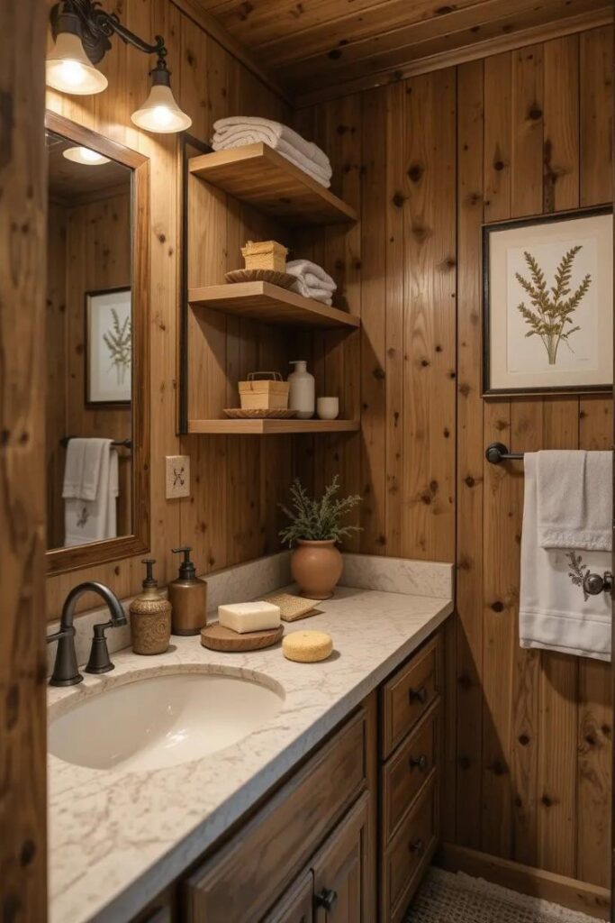 Rustic bathroom with a wide view of a vanity and open shelving.