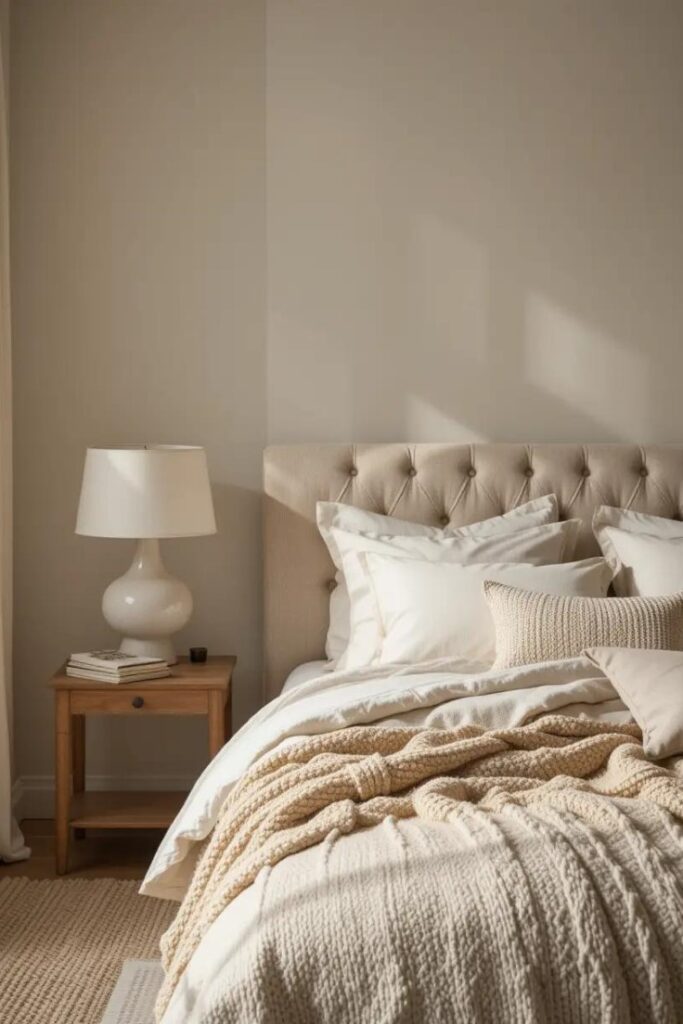Layered beige bedroom with tonal bedding, a darker headboard, and cozy textures in a warm neutral palette.