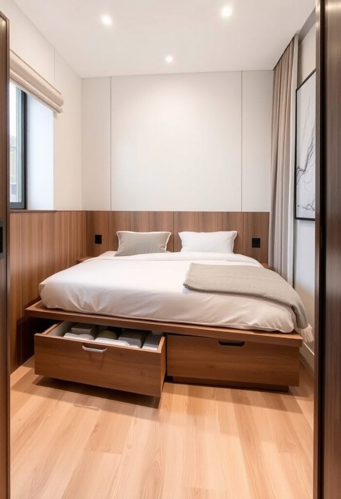 Small bedroom with space-saving beds and built-in storage drawers.