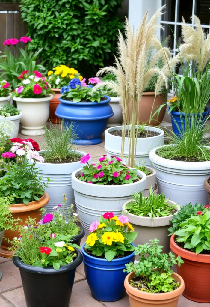 Home garden patio with grouped containers of flowering plants and herbs, offering flexibility and dynamic visual appeal.