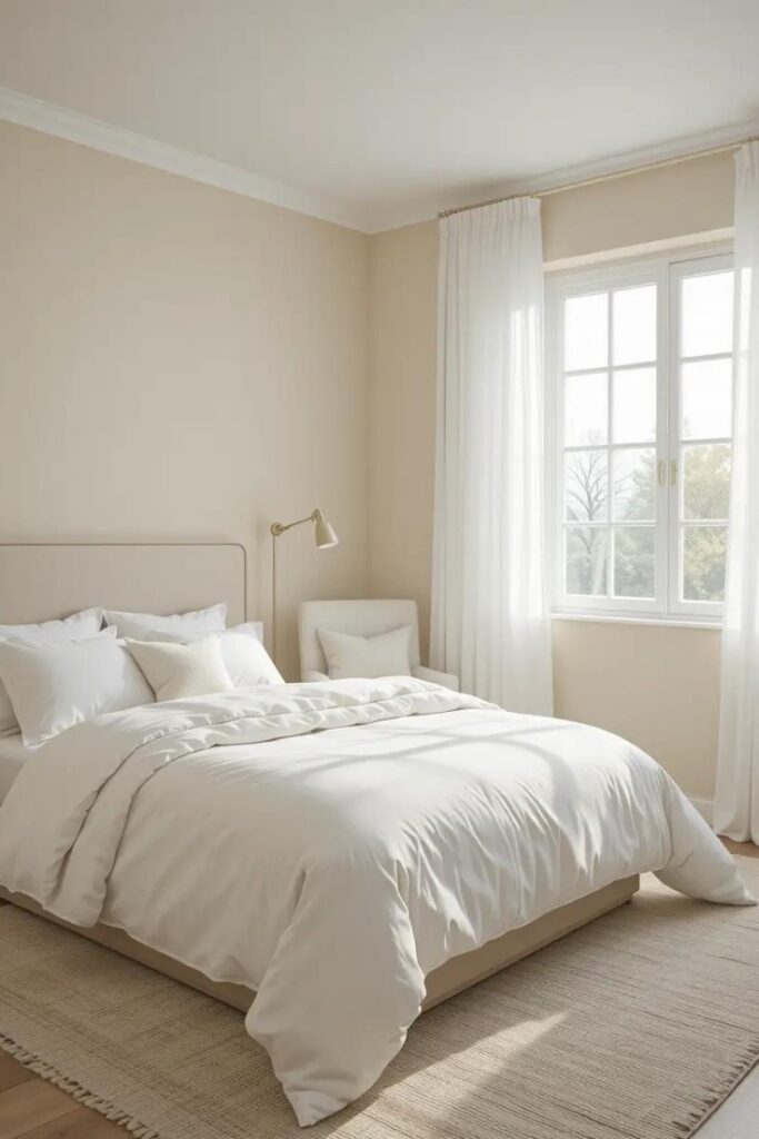 Beige and white bedroom with light-filled space and soft contrast for a fresh, airy look.