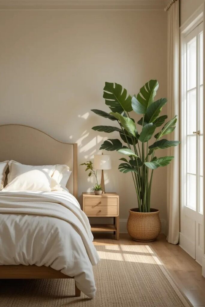 Beige bedroom with indoor plant adding a refreshing green contrast to neutral tones.