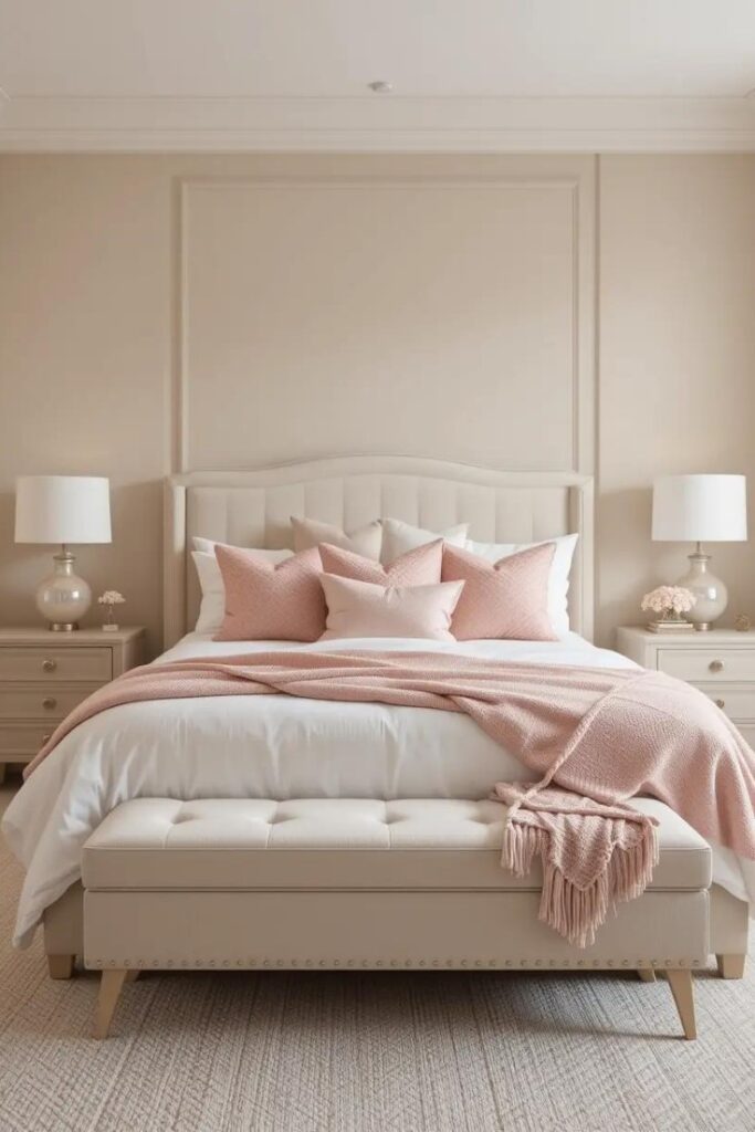 Beige bedroom with blush pink accents for a soft touch in a neutral space.