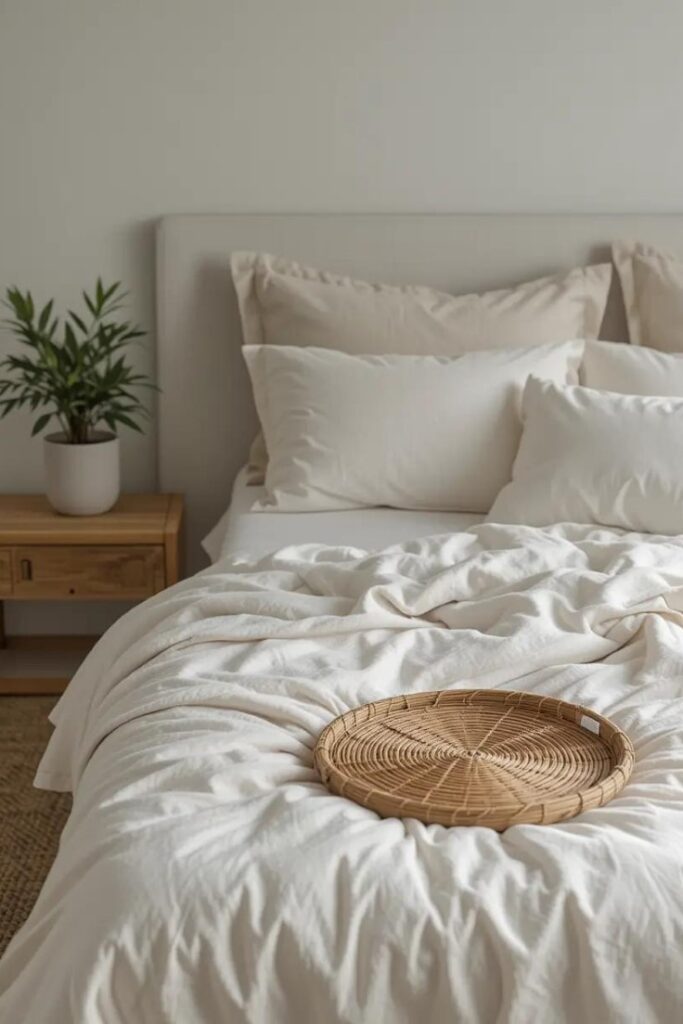 Summer bedroom with breathable linen and cotton bedding in light neutrals for a cooler sleep setup.