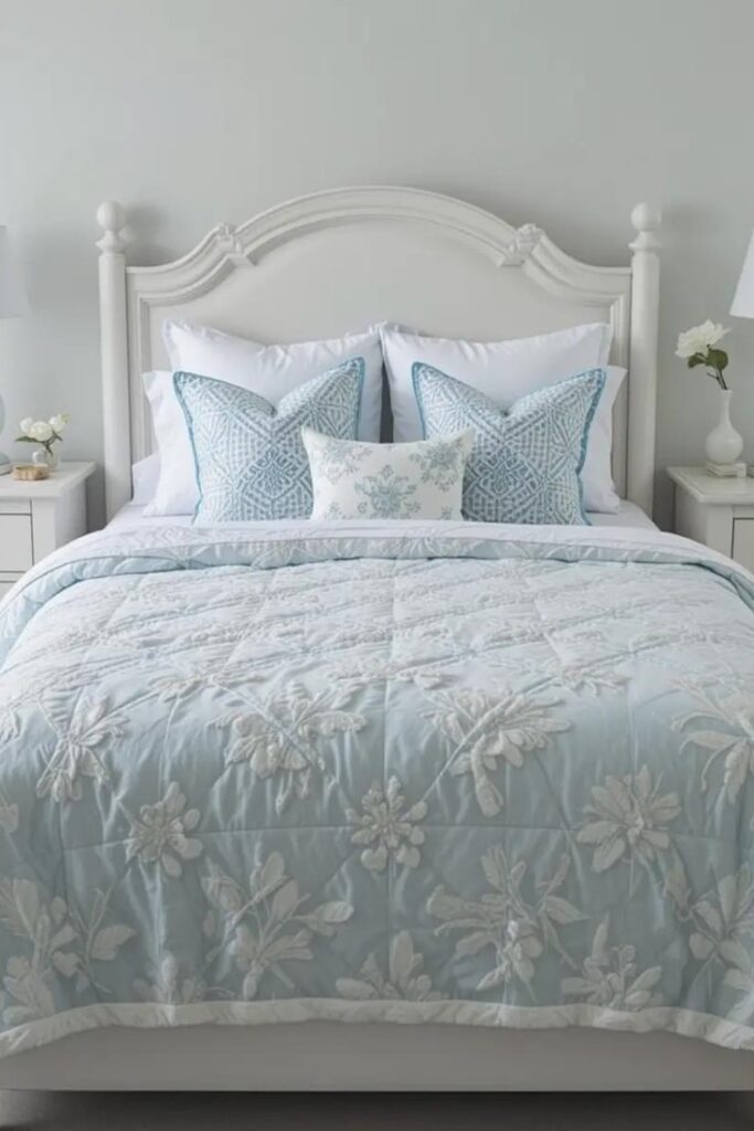 Light-colored bedding in white and pale blue layered for an airy summer bedroom feel.