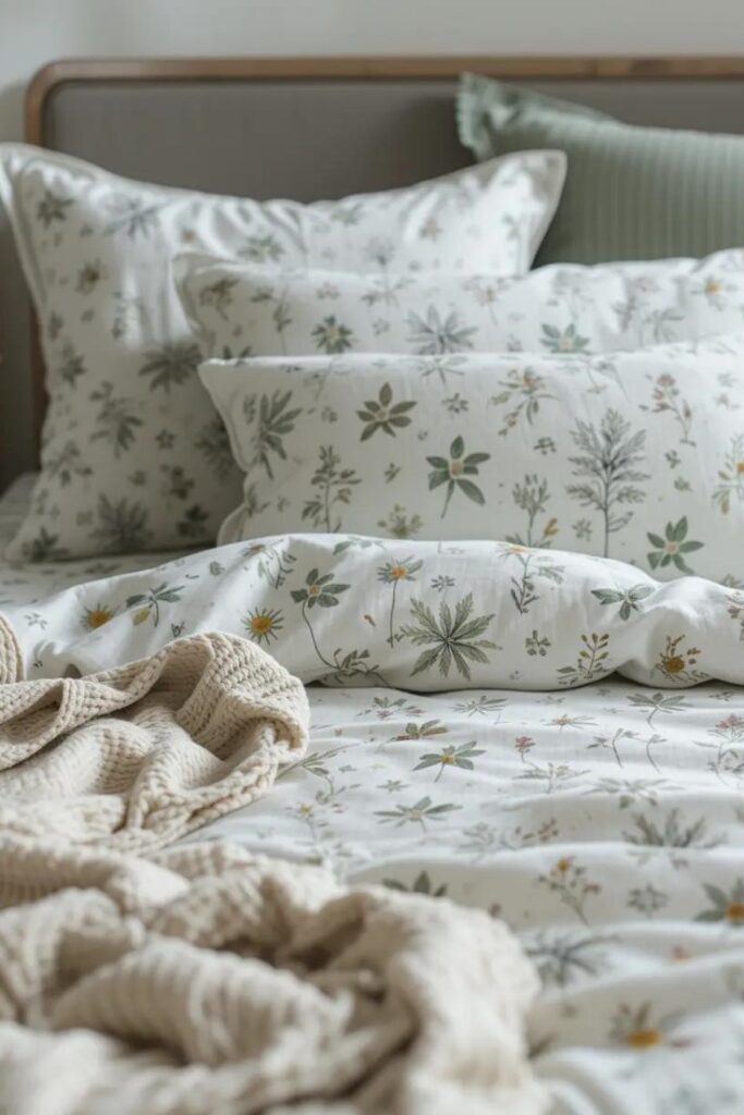 Subtle botanical and stripe patterns on summer bedding to add soft texture and interest.
