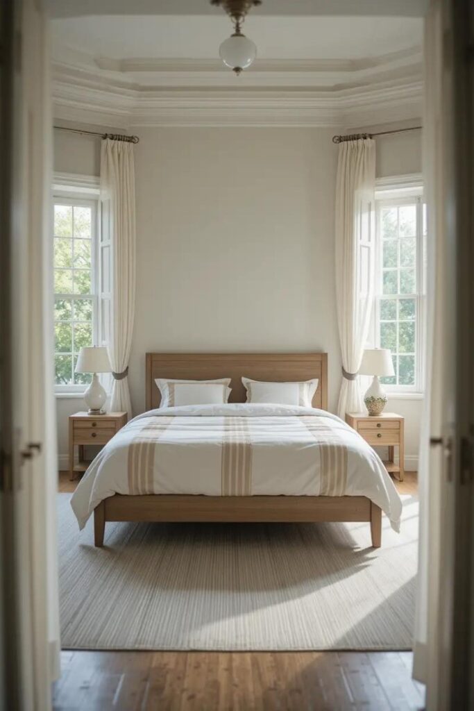 Rearranged summer bedroom layout for better airflow with light-filled space around the bed.