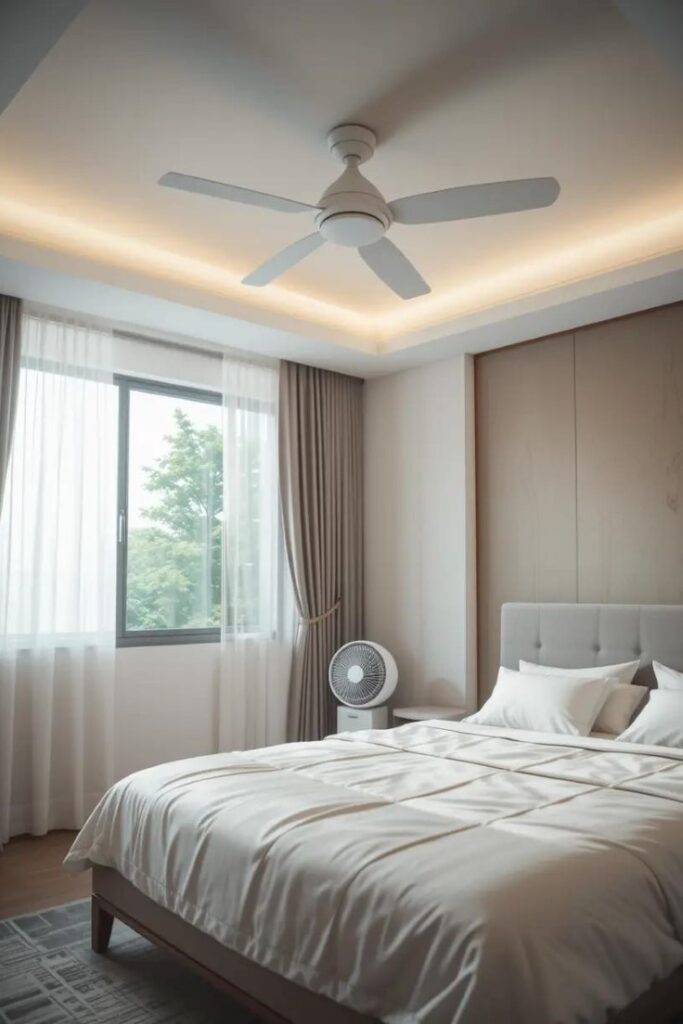 Summer bedroom setup with ceiling and portable fans to promote cool air circulation.