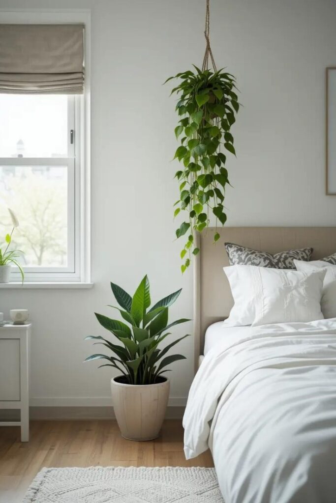 Indoor plants like snake plant and pothos freshen up a summer bedroom naturally.
