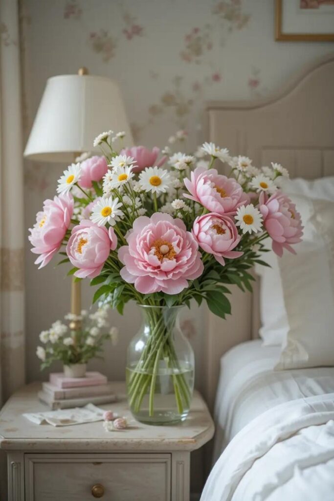 Fresh summer flowers in a glass vase add color and scent to a seasonal bedroom look.