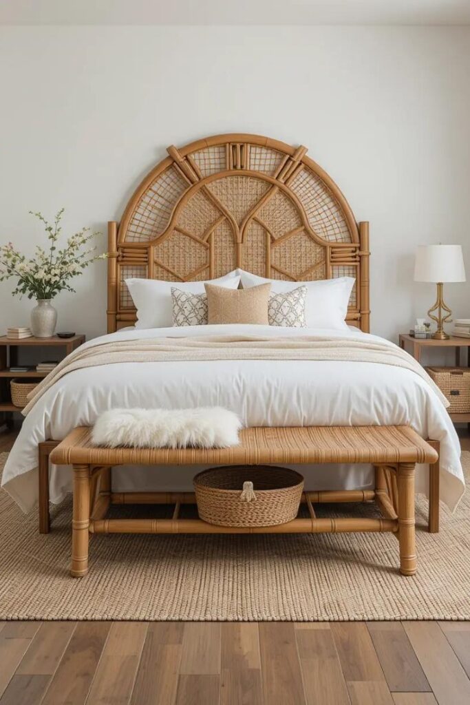 Summer bedroom with rattan, bamboo, and jute textures for a fresh, natural look.