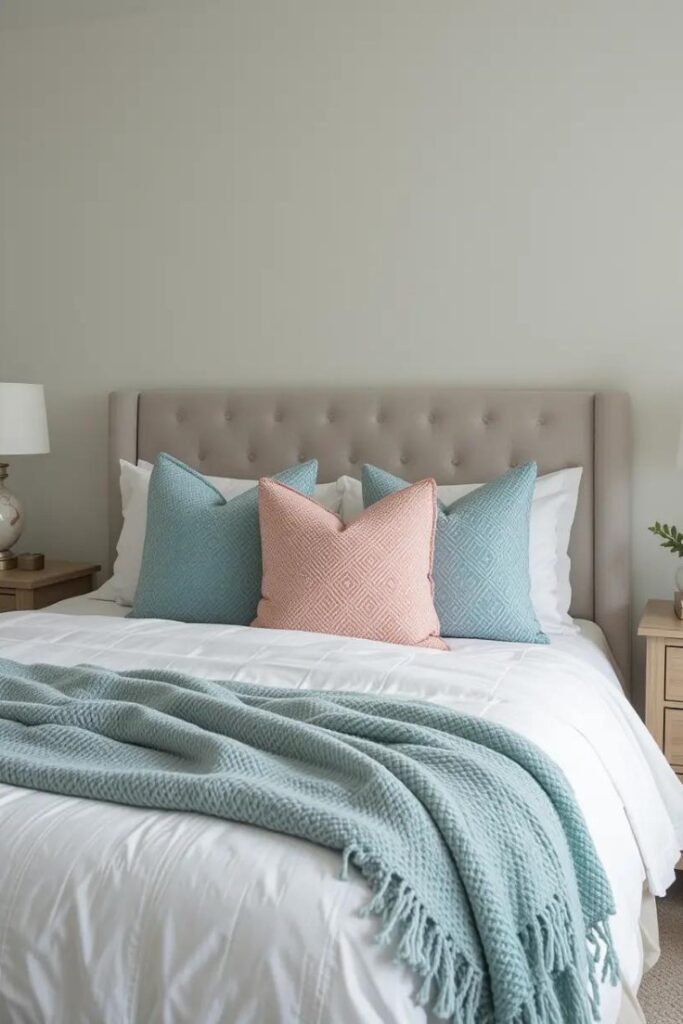 Pops of coral and sea blue in a neutral summer bedroom for a cheerful seasonal touch.