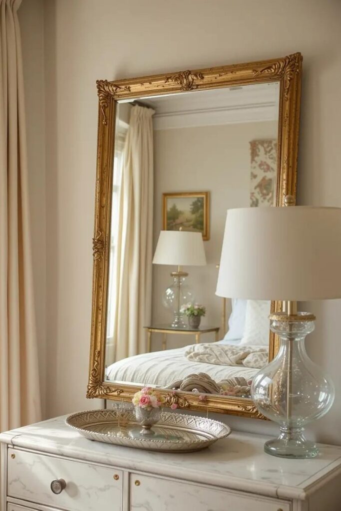 Reflective surfaces like mirrors and metallic decor brighten up a summer bedroom.