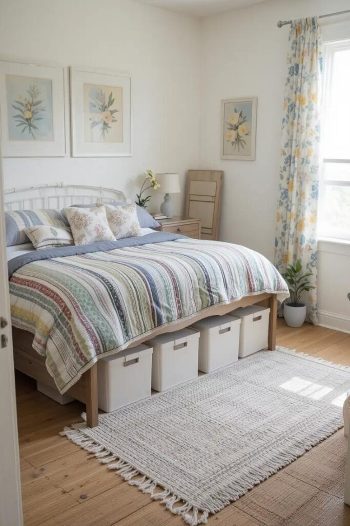 Simplified summer bedroom with winter decor packed away for a clean, open look.