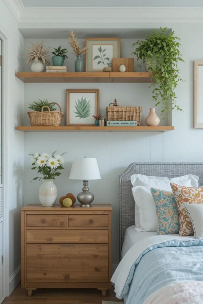 Light open shelving with summer-inspired decor adds seasonal charm without clutter.