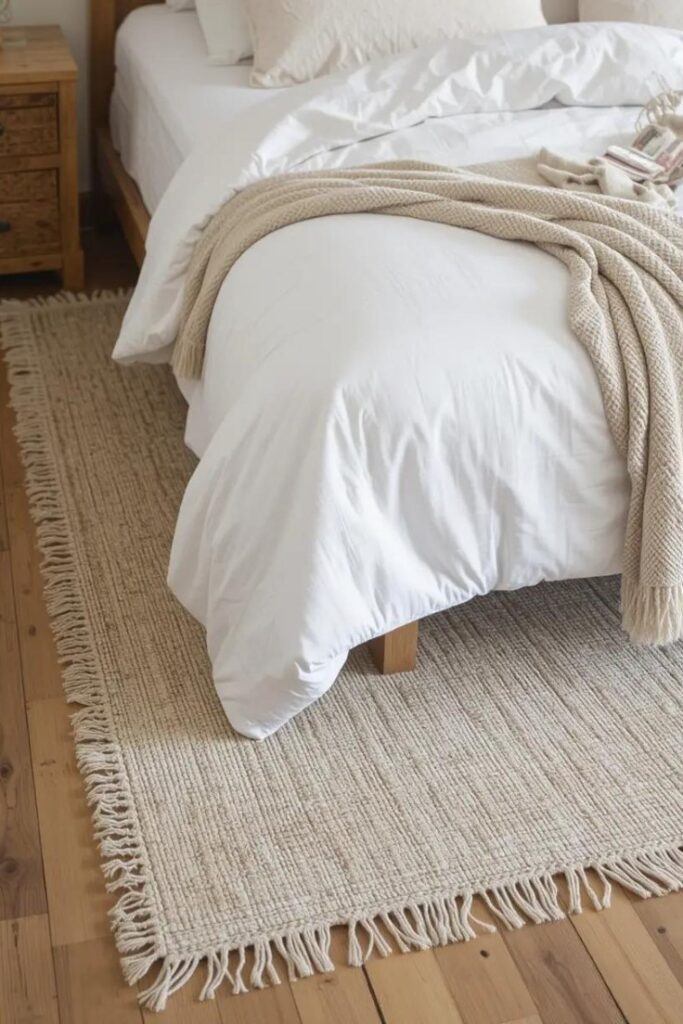 Lightweight cotton rug in a neutral tone keeps summer bedrooms cool and stylish.