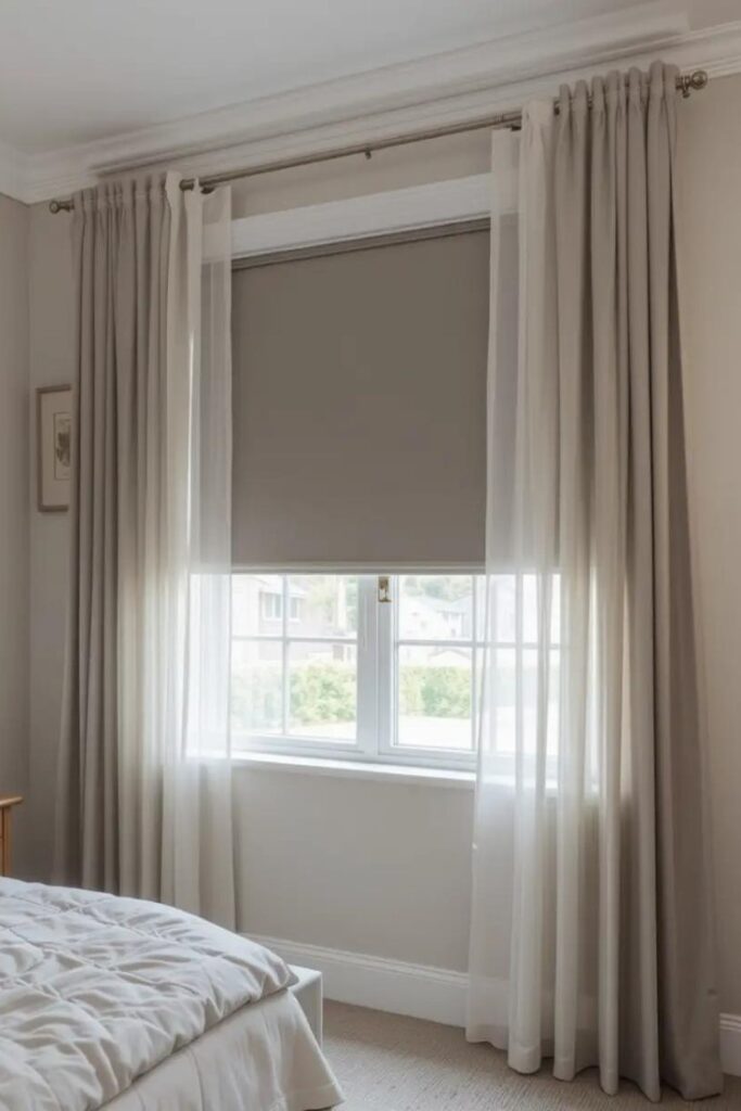 Hidden blackout blinds behind sheer curtains allow flexible light control in summer bedrooms.