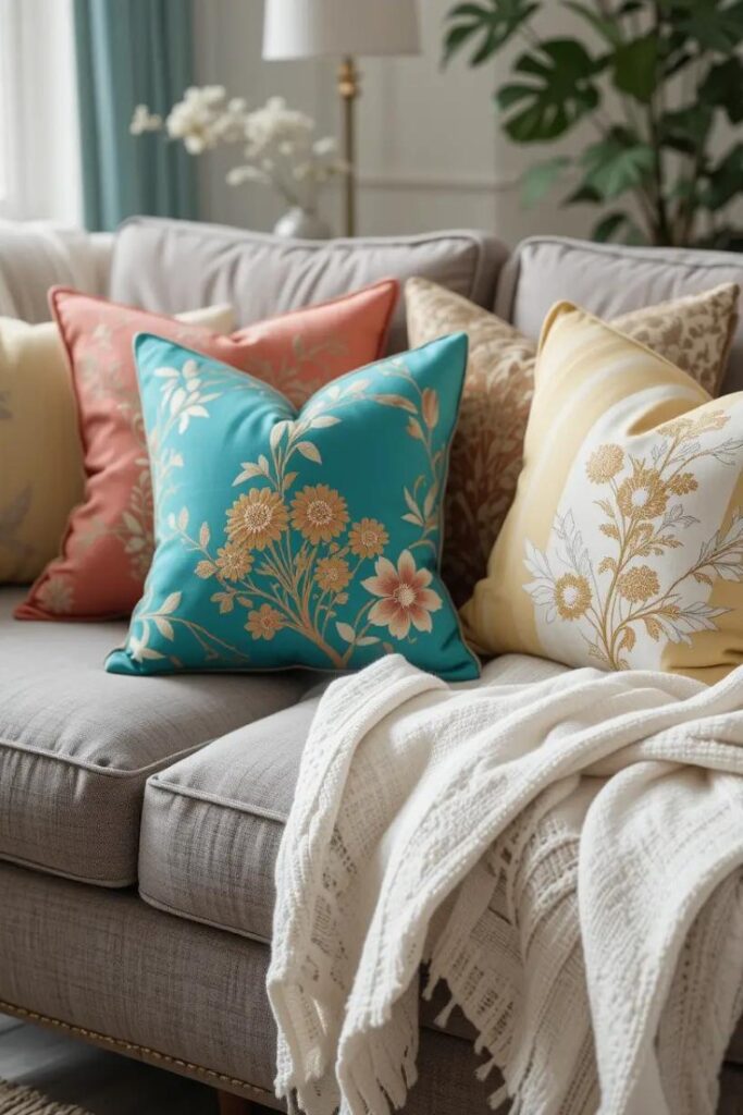 Bright summer throw pillows in coral, turquoise, and yellow on a living room sofa.