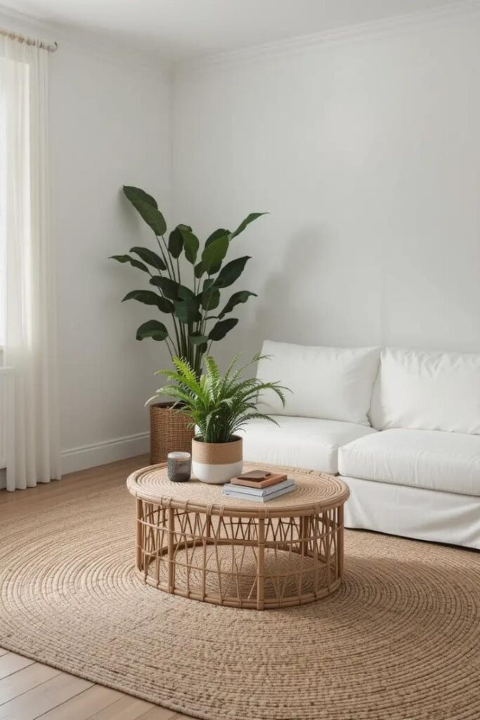 Summer living room with natural jute rug and white furniture for a breezy look.