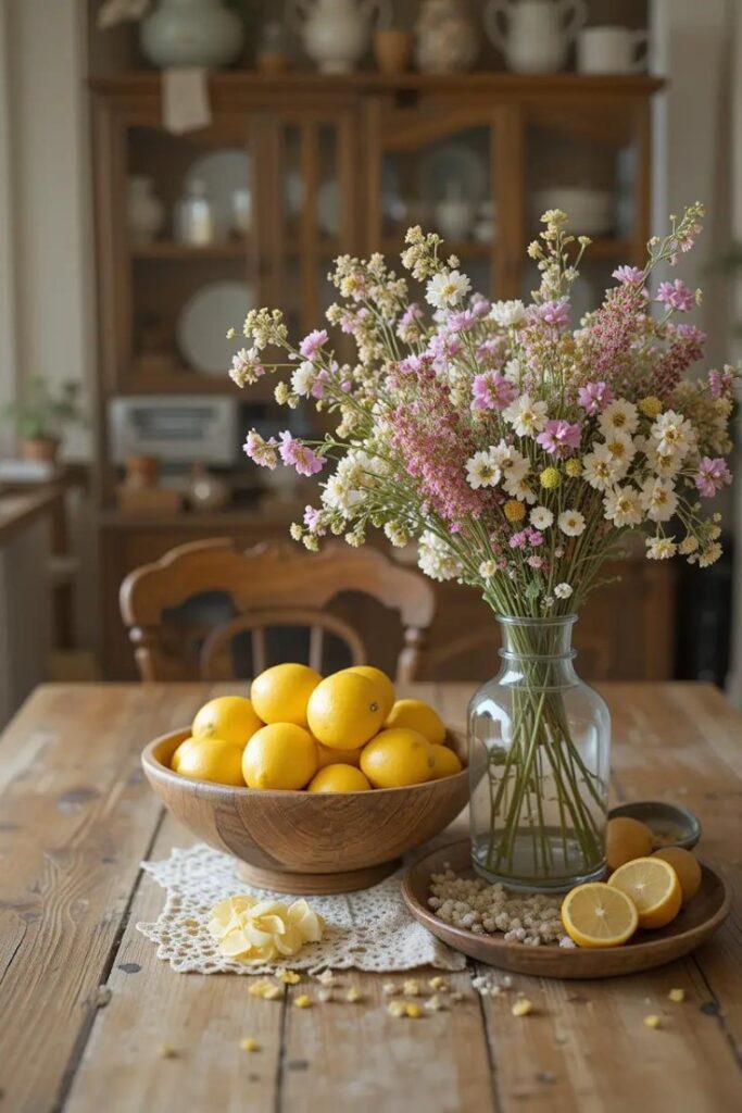 Summer centerpiece with lemons, wildflowers, and coastal accents.