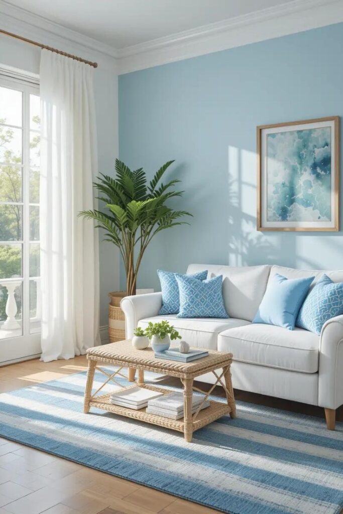 Coastal-inspired small apartment with blue throw pillows, striped rug, and sheer white curtains for a beachy, light-filled look.