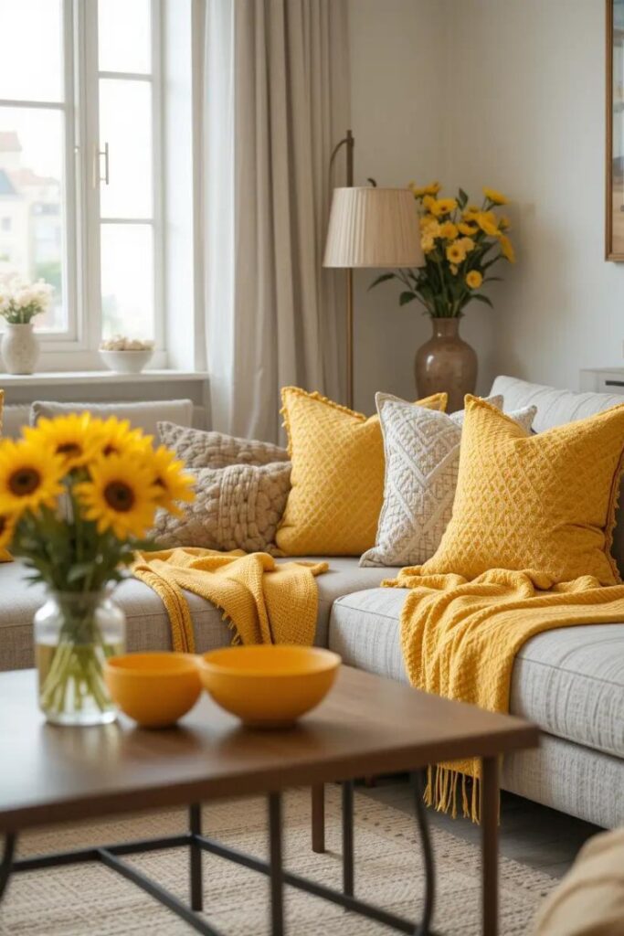 Small apartment with cheerful yellow accents including a throw blanket, decorative bowls, and sunflowers to brighten the space.