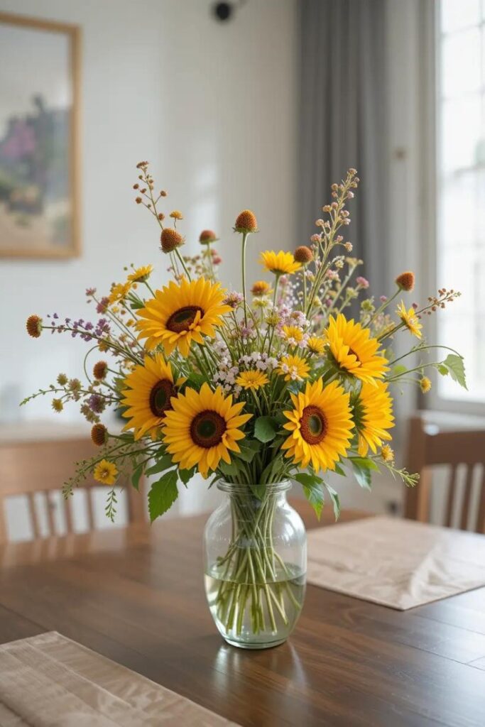 Dining table with a fresh flower arrangement, featuring sunflowers and wildflowers, adding a burst of color and summer beauty.