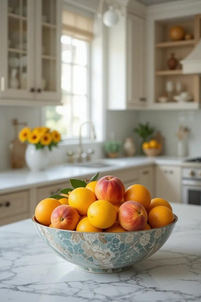Bright and fresh kitchen with a bowl of lemons, peaches, and oranges as a decorative and functional summer element.