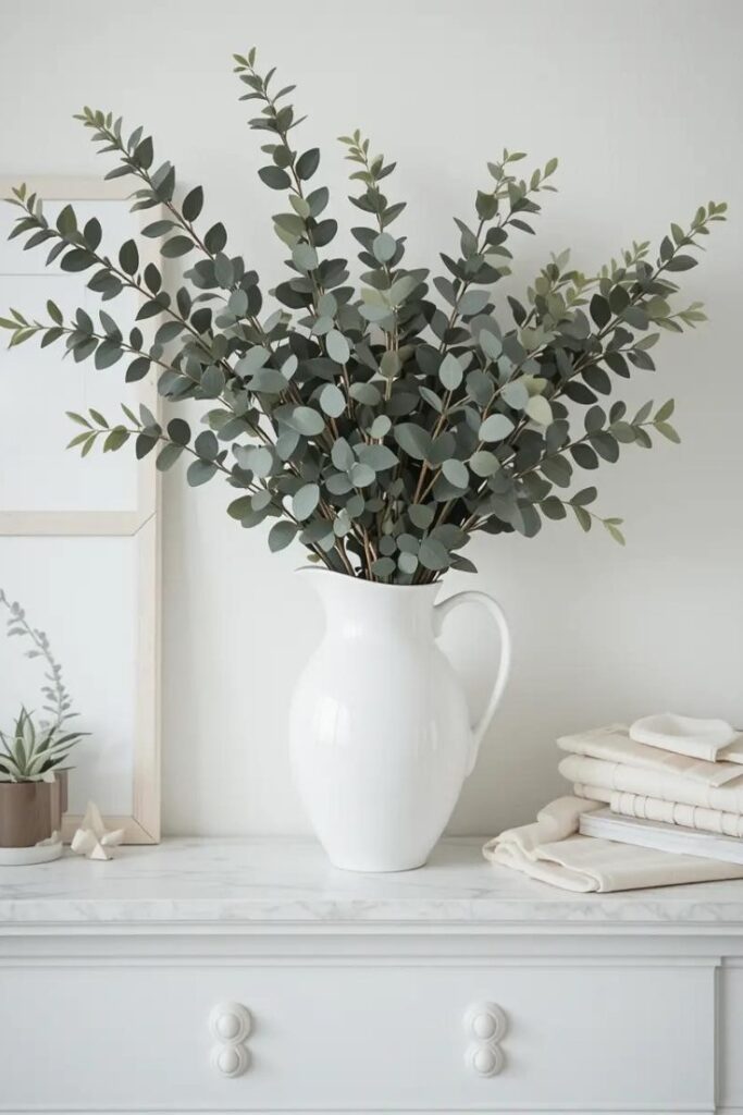 Minimalist summer mantle with eucalyptus in a white pitcher 