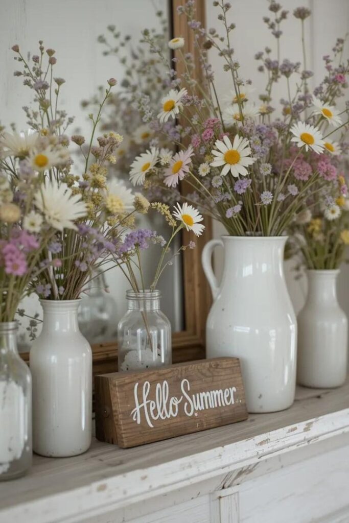 Farmhouse summer mantle with vintage milk glass vases and wildflowers.