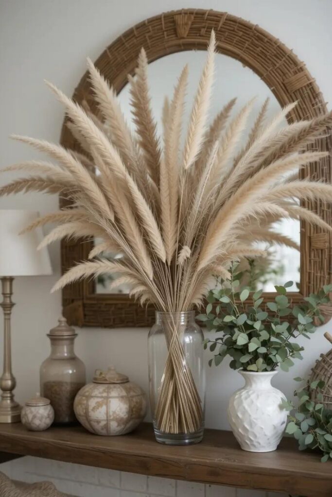 Summer mantle with dried pampas grass and bunny tails in a neutral vase.