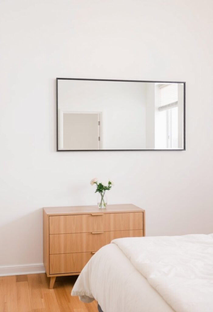 A bright bedroom wall featuring a large rectangular mirror with a thin black frame hung opposite a window. 