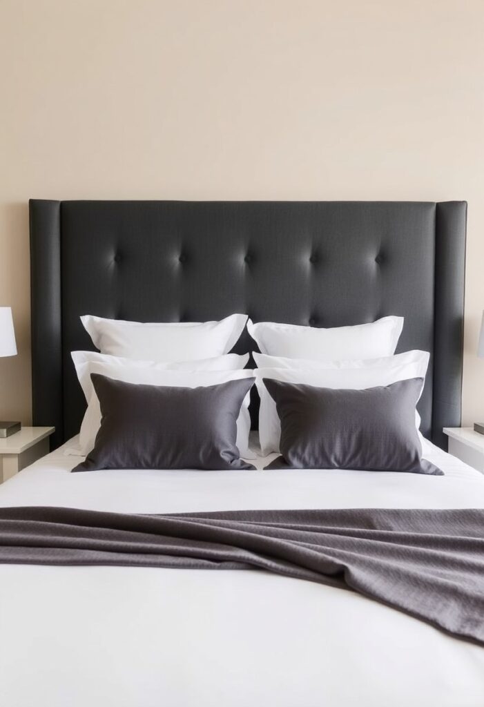 A bedroom showcasing a bold, upholstered headboard in deep charcoal gray with clean lines and subtle tufting, set against light beige walls.
