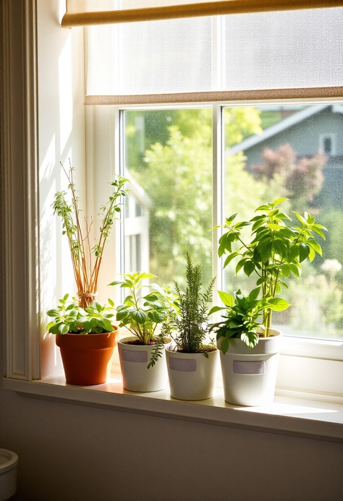 Indoor herb garden in terracotta pots on a windowsill