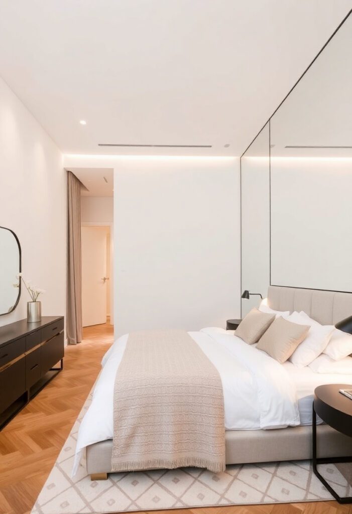 Narrow bedroom with wall mirror and reflective surfaces to add depth and visual width