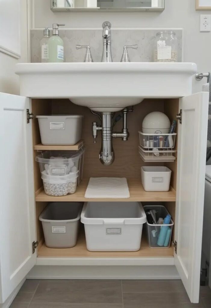Under-sink bathroom storage using pull-out drawers and organizers for a clean, efficient DIY upgrade.