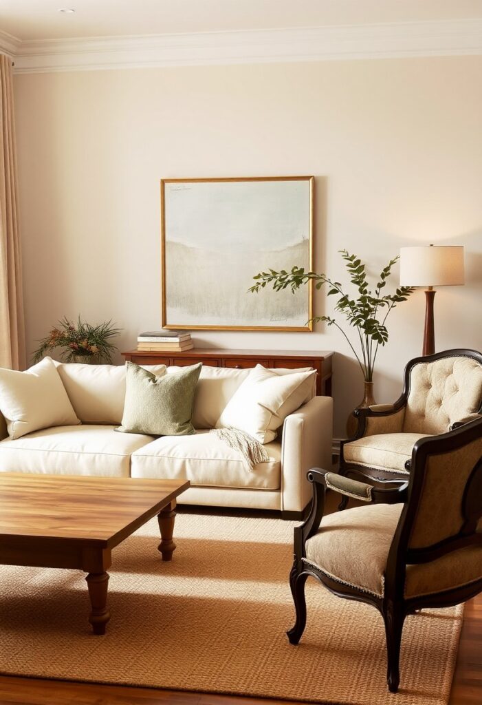 Modern beige sofa paired with a vintage wood coffee table and antique chair in a cozy, well-lit living room blending old and new decor styles.