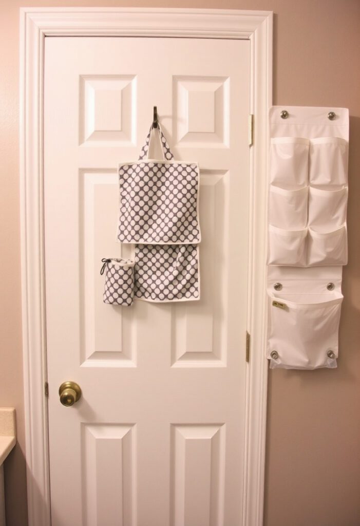 Over-the-door bathroom organizer with hooks and wall-mounted storage.