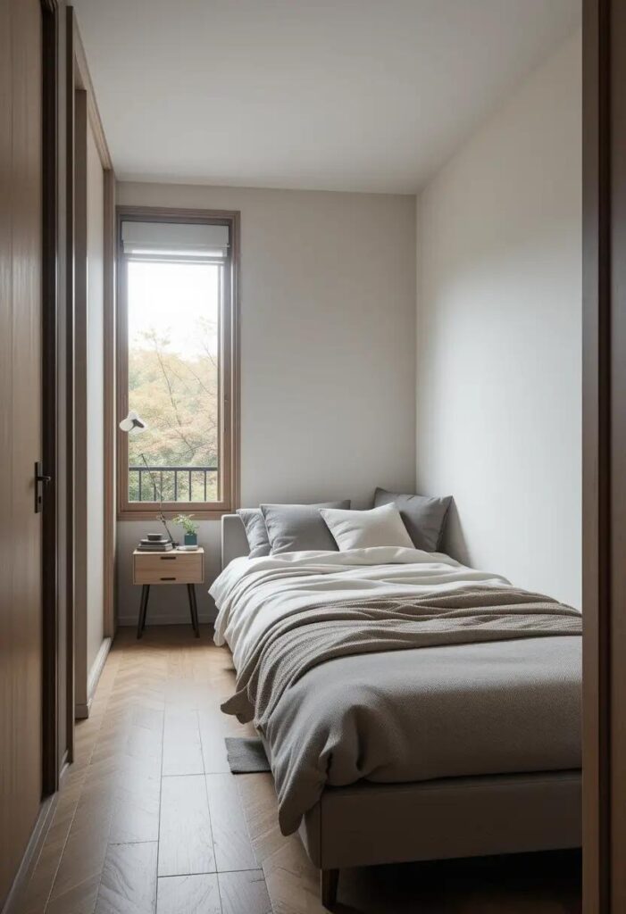narrow bedroom with bed against the long wall