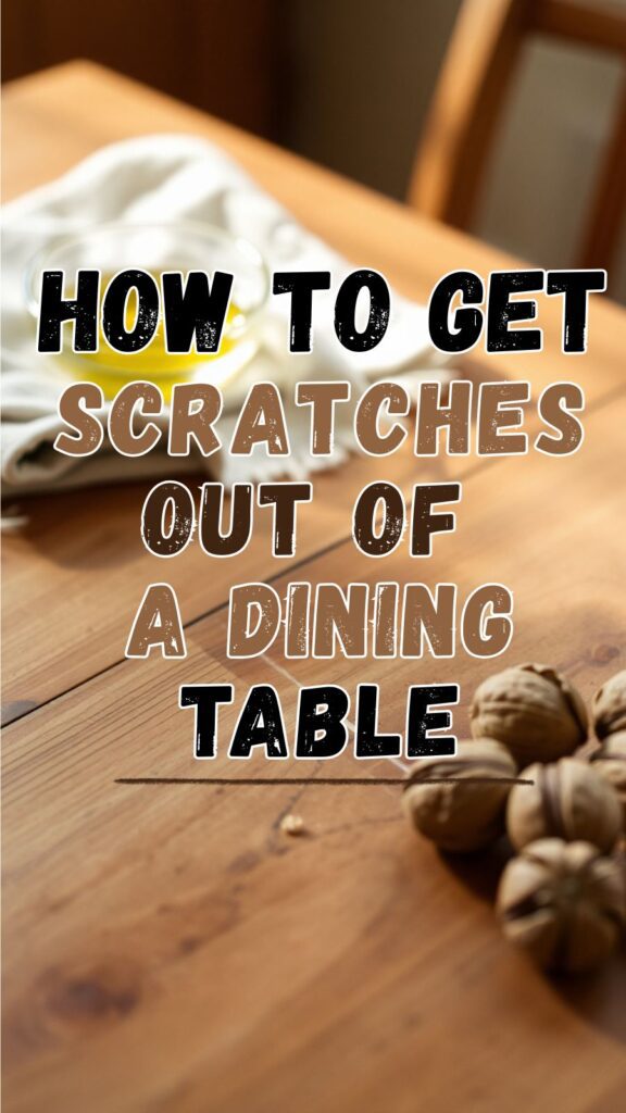 Wooden dining table scratch repair using natural remedies like walnut and olive oil with a soft cloth.