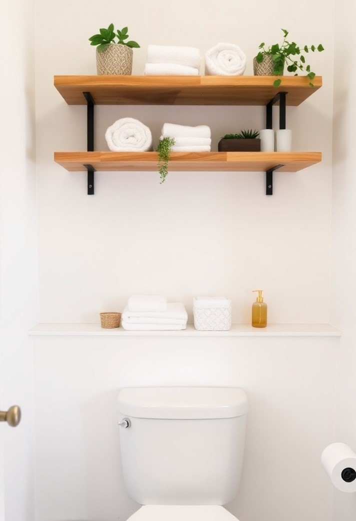 Floating shelves above toilet