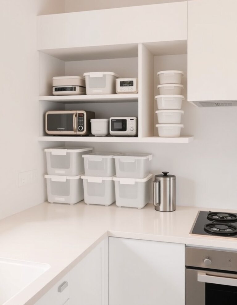 Minimal kitchen with empty storage bins and neatly organized shelves for storing small appliances.