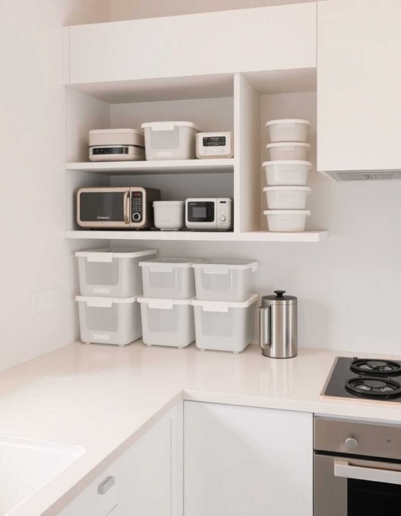 Minimal kitchen with empty storage bins and neatly organized shelves for storing small appliances.