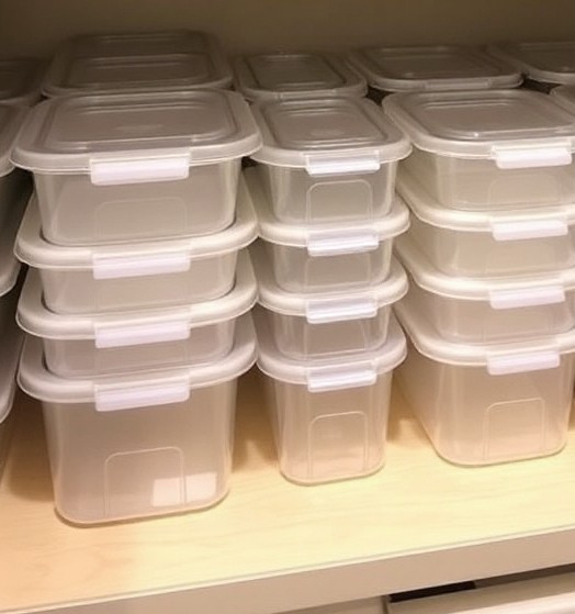 rganized kitchen cabinet showing empty reusable food storage containers neatly arranged