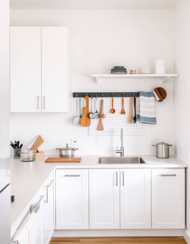 Minimalist studio kitchen with open shelves, wall-mounted storage rails, and clear counters showing smart organization ideas for small kitchens with limited cabinets.