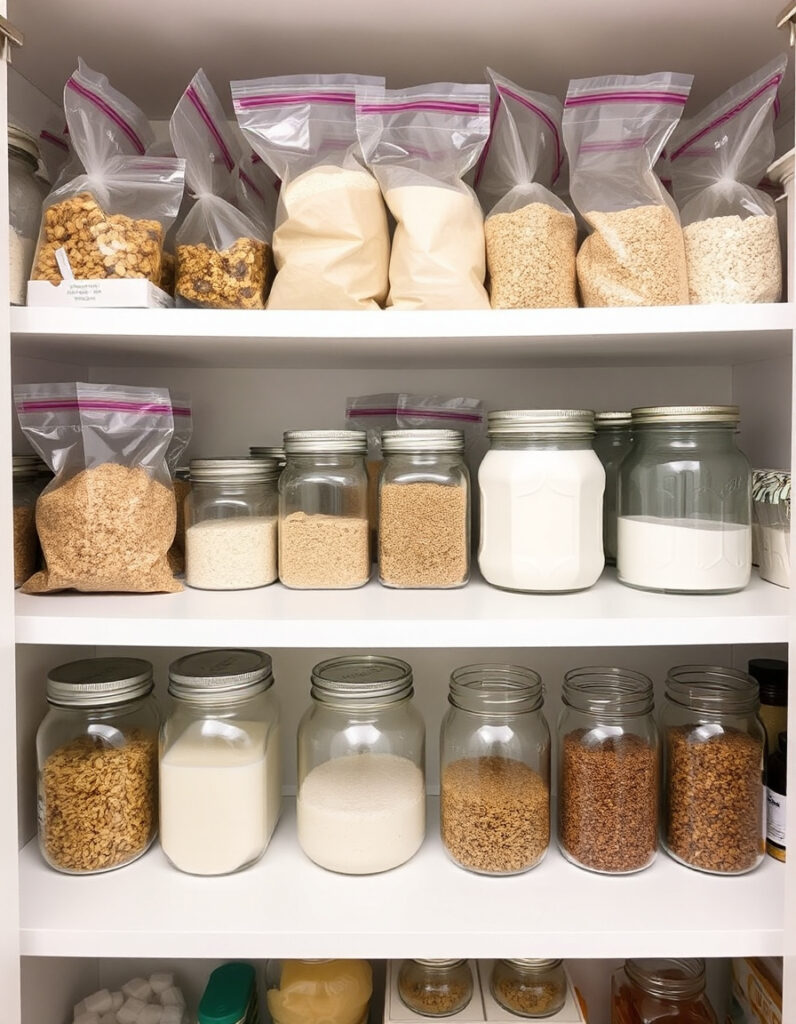 Pantry shelf organized with empty mason jars and clipped ingredient bags