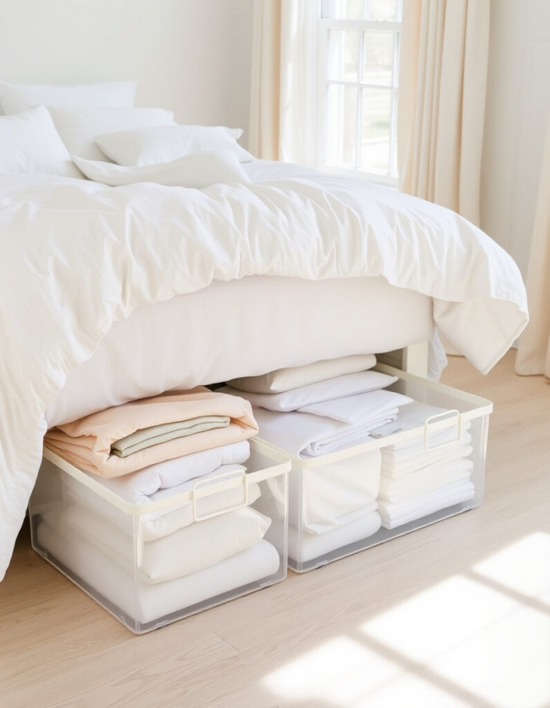 Under-bed rolling storage bins filled with neatly folded blankets and sheet sets in a bright, minimalist bedroom, showing an organized bedding storage solution for small spaces without a linen closet.